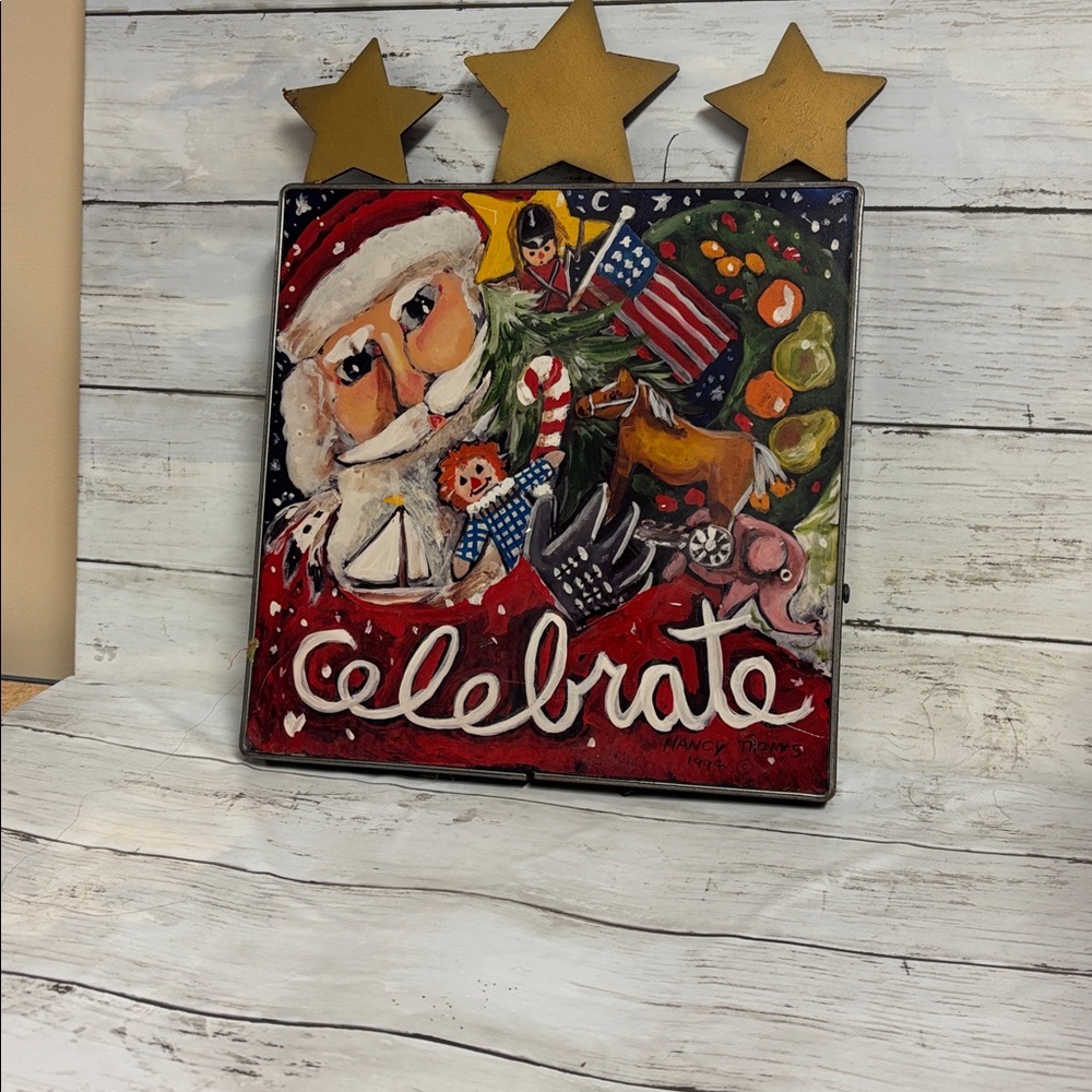 Nancy Thomas Celebrate Santa Plaque with Stars 1994